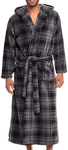 Alexander Del Rossa Men’s Robe, Plush Fleece Hooded Bathrobe with Two Large Front Pockets and Tie Closure, Gray Plaid, 1X-2X