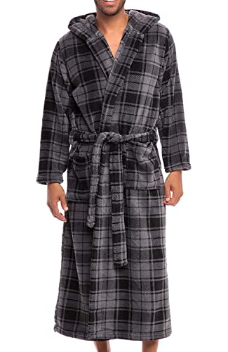 Alexander Del Rossa Men’s Robe, Plush Fleece Hooded Bathrobe With Two Large Front Pockets And Tie Closure, Gray Plaid, 1X-2X #TOP12