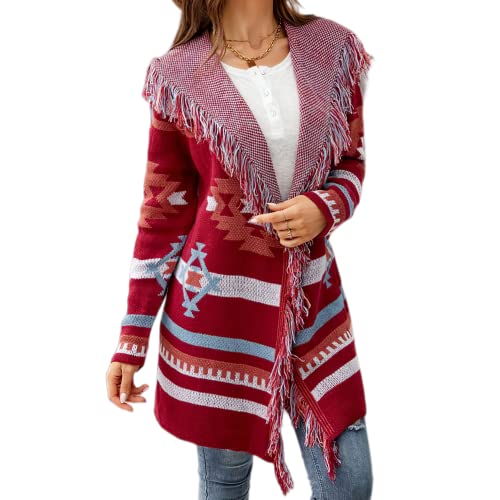 Women Geometric Tribal Stripe Fringe Hooded Knit Cardigans Casual Open Front Long Sleeve Cardigan Hooded Outwear Coat