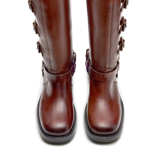 Mid Calf Riding Boots for Women Square Toe Pull On Motorcycle Boots Low Chunky Heel Comfort Moto Biker Boot4