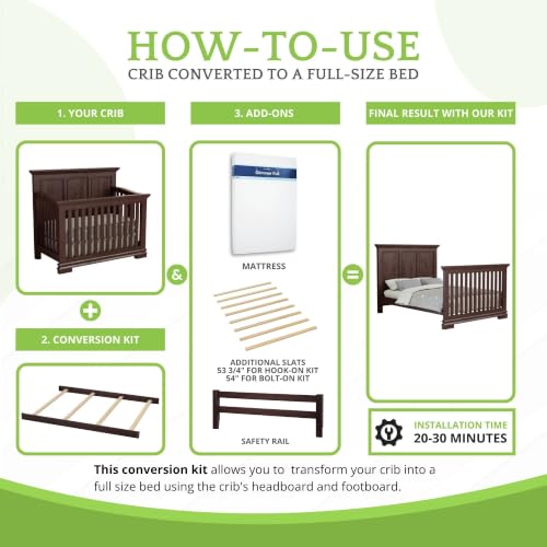 Image of Full-Size Conversion Kit Bed Rails for Oxford, Soho, Ozlo & Avalon Baby Convertible Cribs - Solid Wood - Toddler and Adult Rail for Full-Size Bed - Nursery and Baby Furniture (Espresso, Bolt-On Kit)