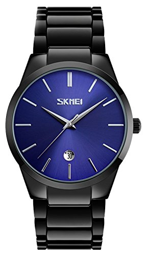 MASTOP Brand Simple Style Men's Watches Classic Black Stainless Steel Band Japan Movt Quartz Analog Wrist Watch (Blue)