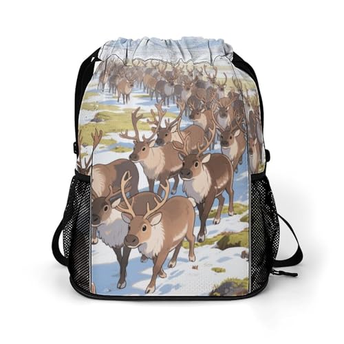 Small Gym Bag Reindeers on The Tundra Printed Drawstring Gym Bag for Men Lightweight Waterproof Drawstring Backpack for Women with Shoe Compartment for Travel Tourism Work And Fitness