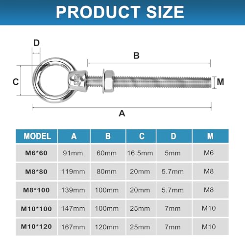 Miniatura 3 de Tornillo De Anillo M6 X 60mm Perno De Ojo De Acero Inoxidable 316 Cáncamos Argollas Con Rosca Para Fijación Y Suspensión En Hogar, Interiores Y Exteriores 4 Piezas