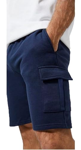 JUST LOOK Mens Cargo Fleece Shorts Sweat Summer Jogger Plain Jersey Jogging 2 Zip Pockets New (UK, Alpha, XL, Regular, Regular, Navy)