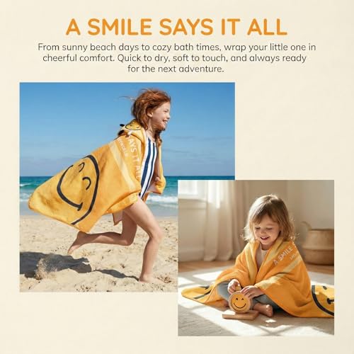 Image of SMILEYWORLD Bath Towels with Hood for Kids, 40''x40'' Soft Cotton Beach Towel Wrap, Toddler Swimming Pool Hooded, Shower Bath Towel for Girls Boys Ages 3-10 (Smile)