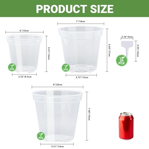 GREANER Clear Nursery Pots with Drainage, 6/7/8 Inch Plastic Plant Pot with 20 Plant Labels, Transparent(Pack of 15) by GREANER - Image 2