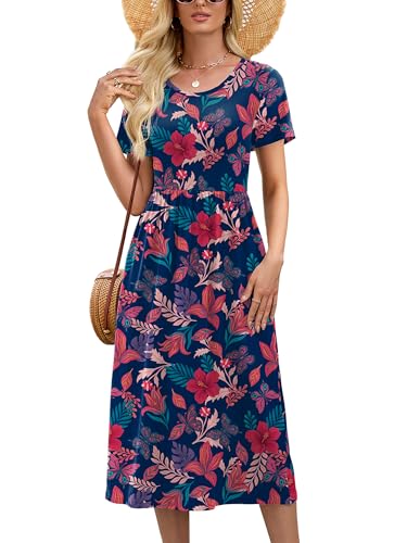 Image of Heymoments Women's Casual Short Sleeve Midi Dress Crewneck A Line Tiered Flowy Loose Travel Long Dresses with Pockets