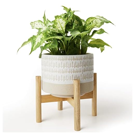 LA JOLIE MUSE Ceramic Plant Pot with Stand - 7.3 Inch Boho Style Decorative Cylinder Flower Pot with Wood Planter Holder for Indoor, Light Beige & White