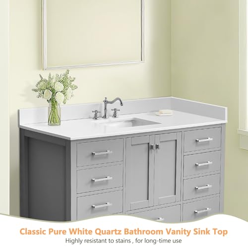 EQLOO 60" x 22" Vanity Top, Quartz Vanity Sink Top in Pure White, with One Sidesplash & One Backsplash, with Undermounted Sink,8 Inch Faucet Hole Spread for Vanity Top with Sink by EQLOO - Image 3