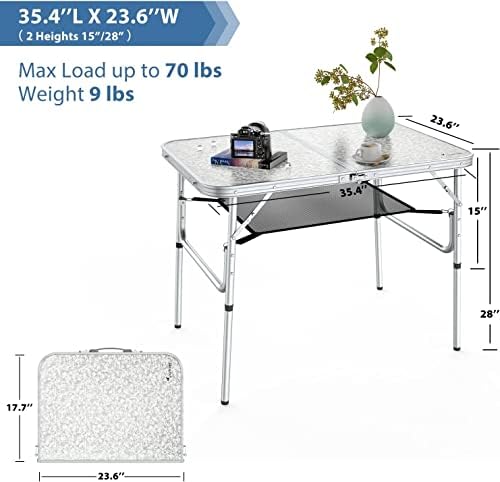 Sportneer Folding Table, Adjustable Height Camping Table with Mesh Layer, 23.6" x 15.7" Portable Folding Camp Desk with Aluminum Legs for Outdoor Picnic, Beach, Backyard, Tailgate Cooking, 3 Heights