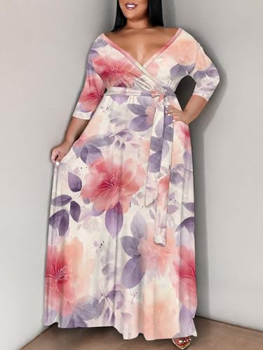 Image of SUZONANA Plus Size Maxi Dresses for Curcy Women Casual Loose 3 /4 Sleeve Long Dress with Belt