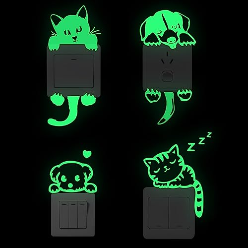 WUDQIJI Light Sticker Pack of 4 Glow in the Dark Cat Dog Switch Stickers for Wall Vinyl PVC Material, Green Animal Print