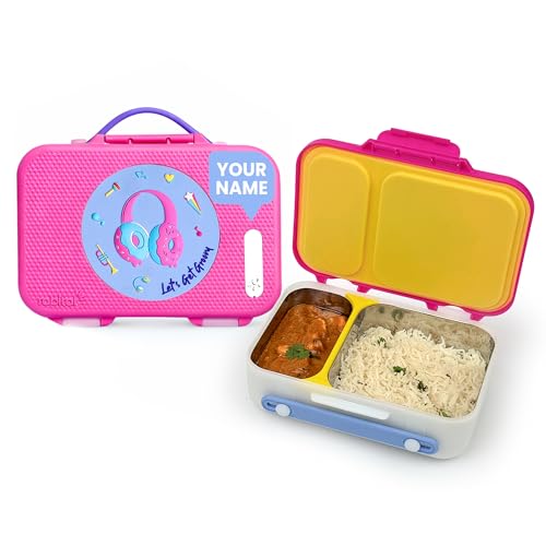 Image of Rabitat Munchbee Pro Personalized Stainless Steel Kids Lunch Box 850ml- Food-Grade Steel Bento Tiffin | 2-Year Brand Warranty | Spill-Proof Flick-Lock | 3 Compartments, BPA-Free,School-Safe MissButter