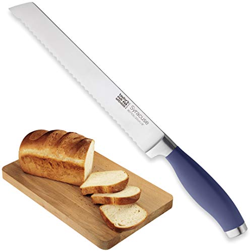 Image of Taylors Eye Witness Syracuse Scalloped Bread Kitchen Knife - Professional 20cm/8” Cutting Edge, Multi Use. Ultra Fine Blade, Precision Ground Razor Sharp. Soft Textured Grip. Denim Blue Handle.