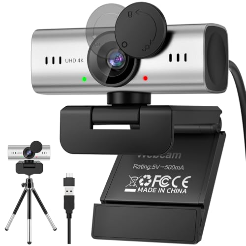 Webcam for PC, 4K Streaming Camera, Web Camera for Desktop/Laptop Computer Webcam with Microphone, Plug and Play USB Web Cam, Aluminum alloy casing, for Live Streaming, Video Calls, and Meetings