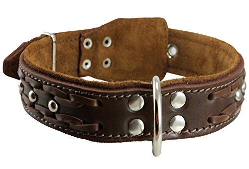 Genuine Leather Braided Studded Dog Collar, Soft Suede Padded Brown 1.5" Wide. Fits 17"-21" Neck. #TOP4