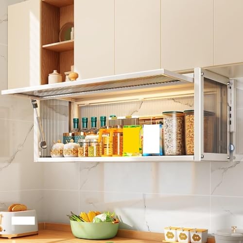 Wall-Mounted Kitchen Pantry Storage Cabinet - with Up-Flip Door & Metal Rack, Modern Minimalist Spice Rack Organizer for Kitchen & Dining Room(White)
