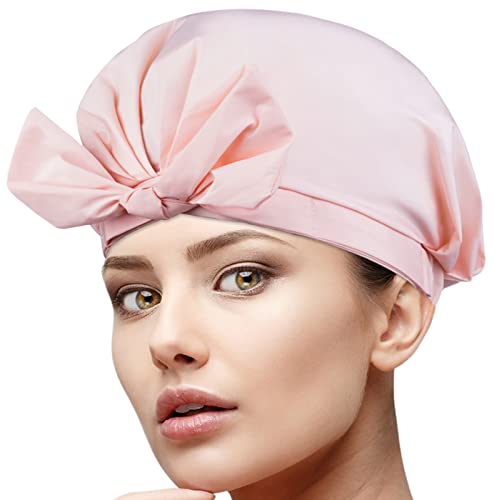 YQC Luxury Shower Cap for Women Reusable Waterproof Shower Caps -Adjustable Elastic Large Hair Cap for Shower -Fashion Cute Bow Shower Hair Cap for Long, Short and Curly Hair Girls (Pink)