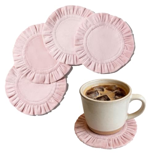 5 Inch Round Ruffle Velvet Coaster Tabletop Protection Coffee Table & Bar Decoration Drink Coasters Suitable for Home Dining Tables & Kitchen Accessories Set of 4 Pink