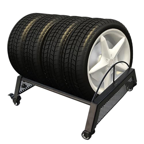 Generisch Robuster Reifenständer, rollendes Lagerregal für Autoreifen in der Garage mit 4 Rädern, Bodenträger für Reifenfelgen aus Metall – Länge einstellbar