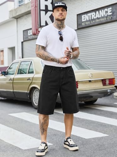 Image of PLEPAN Mens Super Baggy Jean Shorts 12 inch Vintage Loose Fit Wide Leg Long Jorts Y2K Streetwear Below Knee Denim Shorts