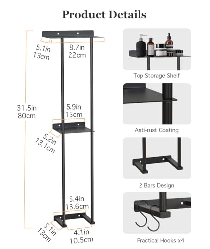 Luxspire Towel Racks Wall Mounted, 2 Tier Bathroom Towel Storage Organizer, 80cm Wall Towel Holder with 4 Hooks & Storage Shelf Large Capacity Rolled Towel Holders for bathrooms En Suite Toilet, Black