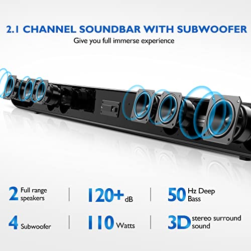 Sound Bar Soundbar Tv Speaker: 110 Watt 2.1 Ch Surround System Home Theater With Built-In Subwoofer Wireless Wired Bluetooth 5.0 Optical Aux Hdmi-Arc Rca Usb Connectivity #TOP3