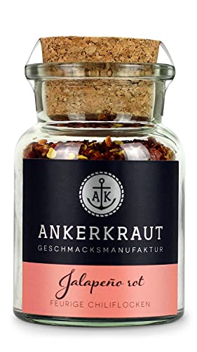 Ankerkraut Rote Jalapeño Rotes Scharfes Chili Gewürz geschrotete Chilis Rauchiges Aroma Scharf Essen Feurige Flocken zum Würzen 55g im Korkenglas