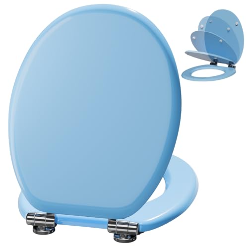 Angel Shield Wooden Toilet Seat with Adjustable Soft Close Hinges Antibacterial Molded Wood Toilet Seat Quick Release Removable Lid for Easy Cleaning and Assembly (Blue)