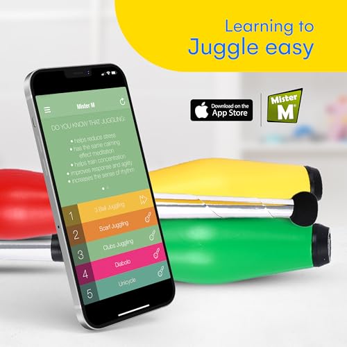 Mister M Juggling Pins - Set of 3 Green, Yellow, and Red Plastic Juggling Clubs - 16.5 x 3 Inch Easy to Use Juggle Set with Balanced and Lightweight Pins - Durable Kid Toy for Juggling Routine