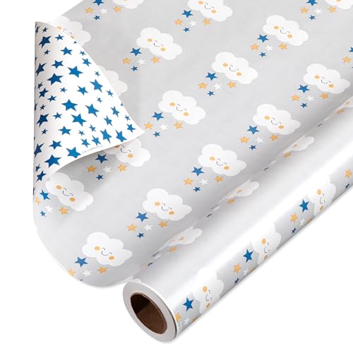 American Greetings 175 sq. ft. Reversible Wrapping Paper for Baby Showers, Birthdays and All Occasions, Clouds and Stars (1 Roll, 30 in x 70 ft.) by American Greetings - Used condition - US$12.59