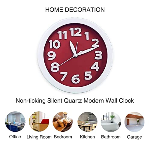 Buyinmo 6 Inch Bedroom Bedside Student Office Desk Clock, Battery Operated Alarm Clock, Silent No Ticking Analog Quartz Kitchen Living Room Decorative Round Large 3D Numbers Wall Clock-Red #TOP4