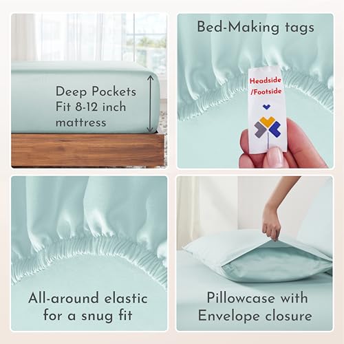 California Design Den Soft 100% Cotton Sheets Twin Size Bed Sheet Sets with 30 cm Pockets, Twin Sheets with Sateen Weave for Dorm Rooms, College, Cooling Sheets (Seafoam) by California Design Den - Image 5