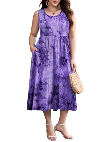 Image of LARACE Women's Plus Size Sleeveless Maxi Dress Casual Crew Neck Pleated Flowy Long Dresses with Pockets L-6XL