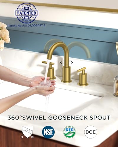Image of FORIOUS Brushed Gold Bathroom Faucet 3 Hole, 2 Handle 8 Inch Widespread Gold Sink Faucet Bathroom Vanity with 360 Degree Swivel Spout, with Pop Up Drain and cUPC Supply Line, for 6 to 12 in Sink