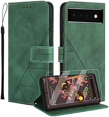 Togestar for Samsung S22 Case, [Vivid Geomatrical Pattern PU Leather] [Wrist Strap] Magnetic Closure Flip Wallet Case Card Slots Kickstand Full Protection Shockproof Case,Green