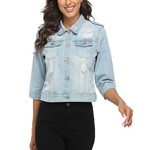 Peiqi Women's Ripped Cropped Denim Jackets 3/4 Sleeve Retro Short Distressed Washed Denim Trucker Cropped Jean Coats With Pocket #TOP4