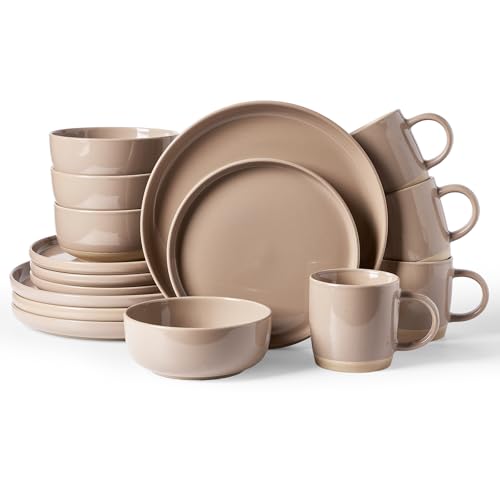 Image of Famiware Milkyway Stoneware Dinnerware Sets with Mugs, Service for 4 (16pcs), Plates and Bowls Sets, Scratch Resistant, Microwave and Dishwasher Safe Dishes Set, Cinnamon Brown