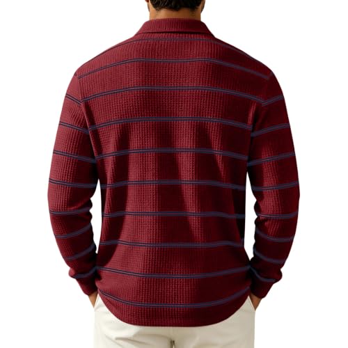 Mens Rugby Shirts Long Sleeve Collared Henley Button Mens Waffle Knit Shirt | Waffle Knit, Striped, Smart‑Casual, Oversized, Thermal Warm, Skin‑Friendly, Drop Shoulder, Fall Winter, Relaxed Fit - image 4