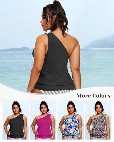 Women Plus Size Tankini Tops - 2025 Blouson Tummy Control Swim Top Only One Shoulder Bathing Suit Top No Bottom3
