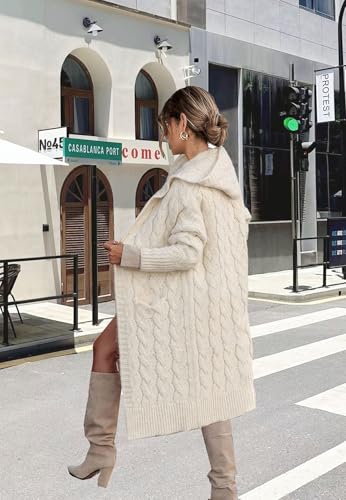Women's Hooded Open Front Long Cardigan Cable Knit Sweaters Side Pocket Oversized Chunky Cardigan Outwear Coat4