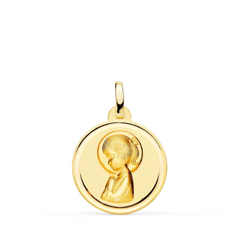 Virgen Niña Primera Comunión Medalla Oro 18k lisa 18mm. bisel. Grabación incluida en el precio - Personalizable - GRABACIÓN INCLUIDA EN EL PRECIO