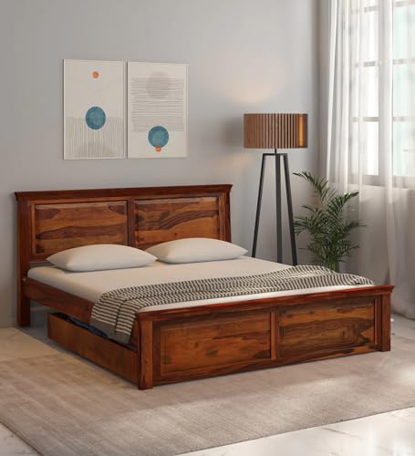 Image of Solid Sheesham Wood King Size Bed | King Size Bed Without Storge | 100 Pure Solid Sheesham Wood Bed | Living Room Furniture | Home and Office Furniture | with Brown Colour | (Brown7)