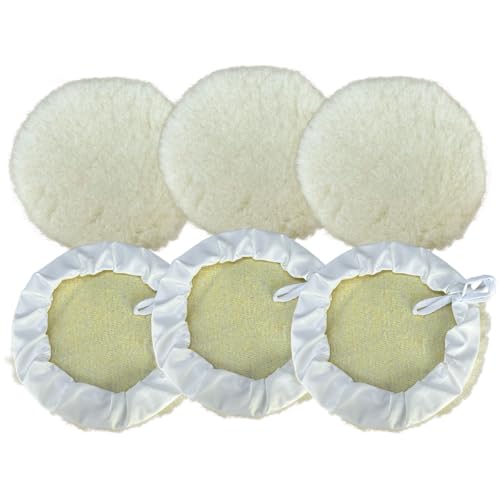GAOLAOSY 6PCS 7 Inch Wool Car Buffing Pads, Lamb Fleece Polishing Pad Buffer Polisher Bonnets, Drawstring Design Drill Buffer Polisher Attachment for Car Detailing, Glass, Furniture
