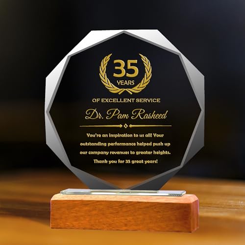 Personalized 6" Glass Plaque with Wooden Base, Engraved with Names, Appreciation Messages and Company Logo, Completely Customized Gift Plaque, Award Trophy for Retirement Employee, Manager, Boss. - Thumbnail 4