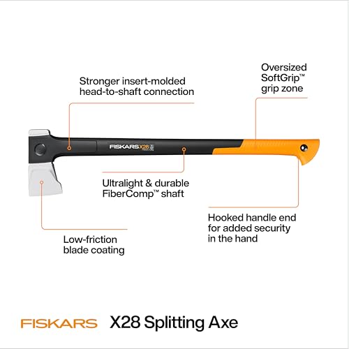 Image of Fiskars X28 Splitting Axe 28 inch, Forged Steel Blade for More One-Strike Splits on Medium Logs, Shock-Absorbing FiberComp Handle & Low-Friction Coating for Easy Removal & Rust Protection