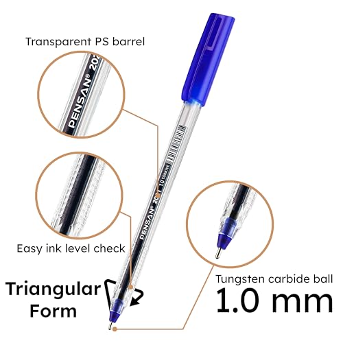 Image of PENSAN Blue Ballpoint Pens,1.0 mm Medium Point, Blue Pens, Ergonomic Triangle Grip, Smooth Writing, 250-Count Pack of Bulk Pens