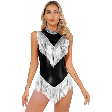 YEAHDOR Womens Sequins Fringed Latin Dance Leotard Metallic Tassel Bodysuit Tango Performance Costume Black Medium Cover
