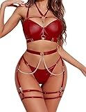 Avidlove Women's Exotic Lingerie Sets Leather Lingerie Underwire Push Up Bra Sexy Lingerie Garter with Chain,Wine Red,L